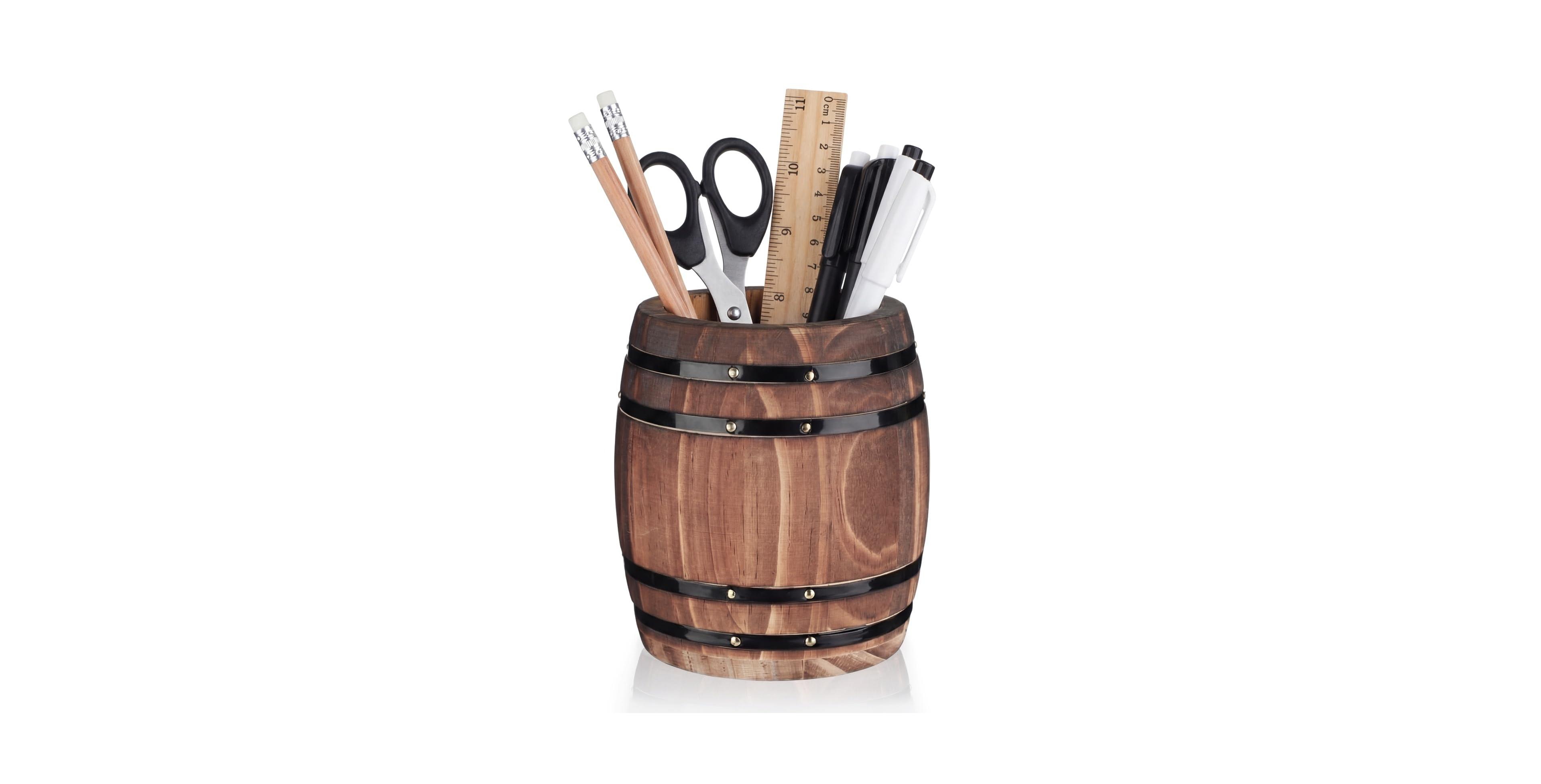 Danrong Rustic Wine Barrel Wooden Desk Organizer Pen Pencil Holder Stationery Storage