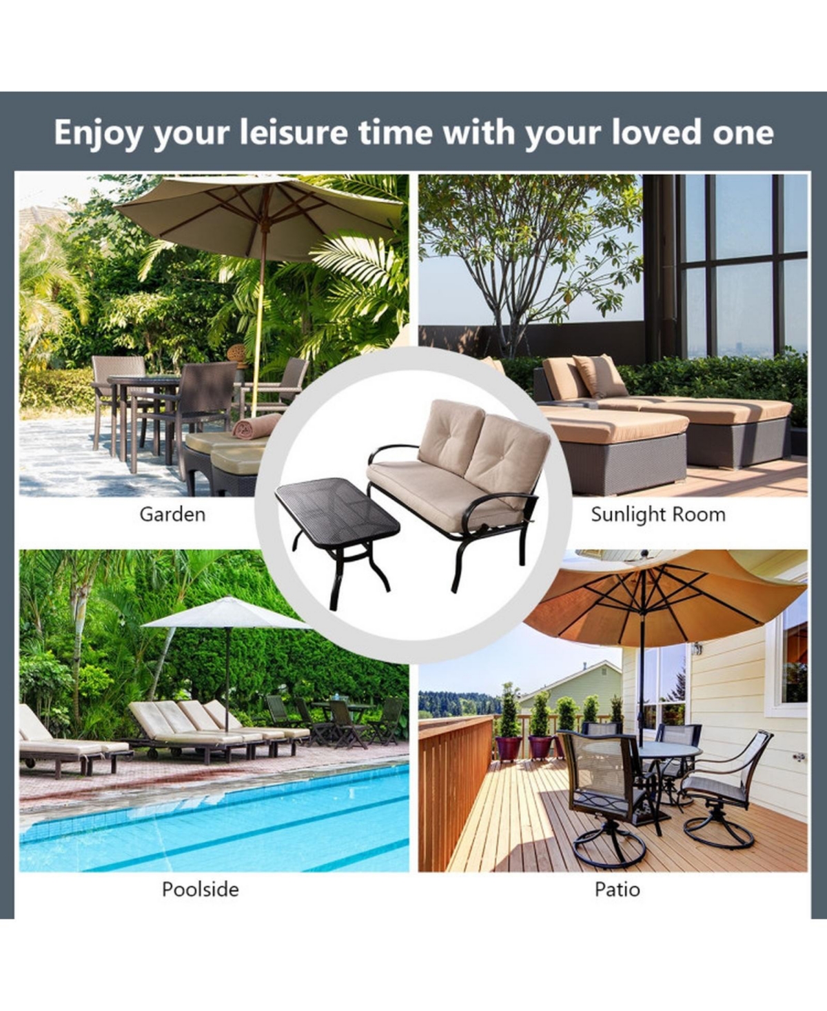 Sugift 2-Piece Outdoor Cushioned Loveseat and Coffee Table Set