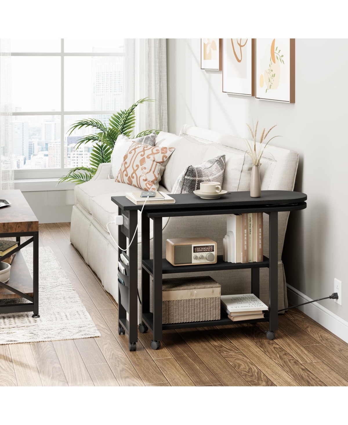 homfan 360degree(s) Rotating Sofa Side Table – Charging Station, 2-Tier, Storage Pocket, 6 Casters Movable