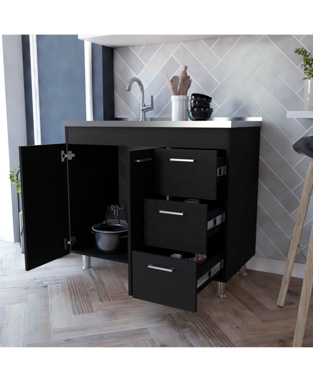 Fm Furniture Darien Melamine Base Cabinet, Three Drawers And Stainless Steel Top