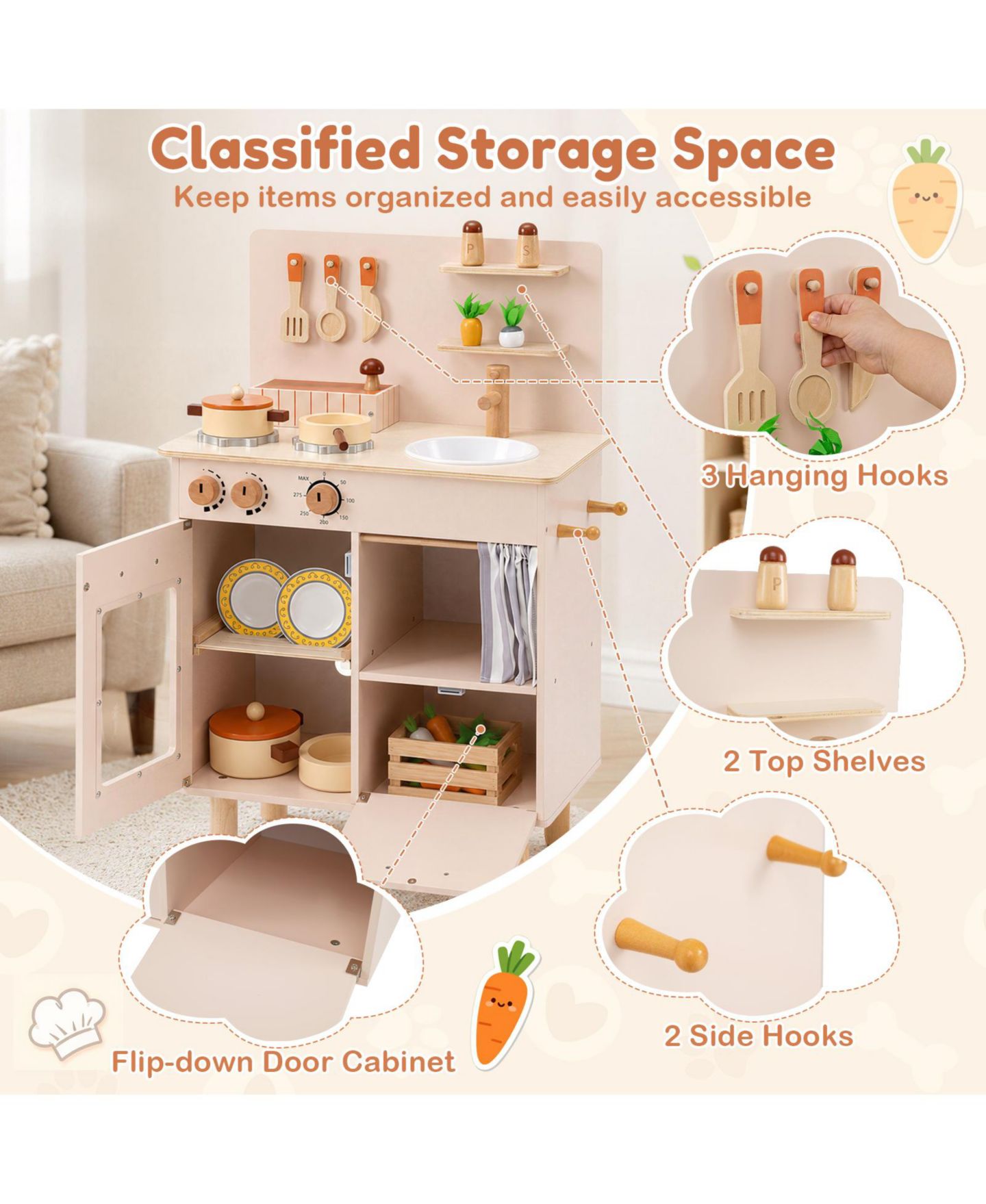 Детский игровой набор Gymax Toddler Wooden 10-Piece Kitchen Playset, Ages 3+, цвет: Бежевый — фото 8