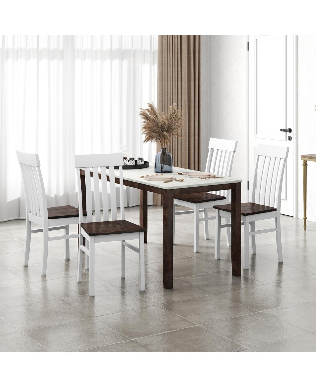 Gymax Dining Chairs Set of 4 with latted High Backrests Concave Seats Rubber Wood Legs