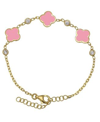 Girls Enamel Clovers and Cubic Zirconia Bezel Station Chain Link Bracelet in 14K
