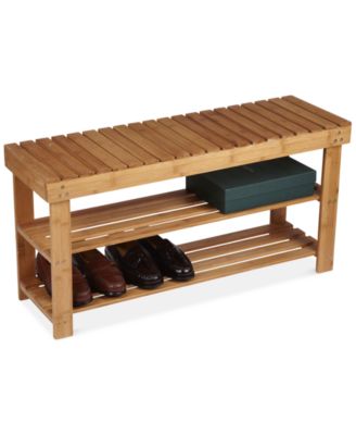 2-Shelf Bamboo Bench, Slatted Bench Seat with Storage Shelves