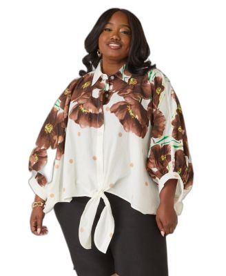 Plus Size Tie-Front Floral Short-Sleeve Shirt