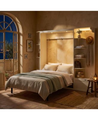Queen Murphy Bed with Storage and Lights, Hidden Fold-Out Legs, Oak Veneer Finish, Built-in Shelves and Cabinets