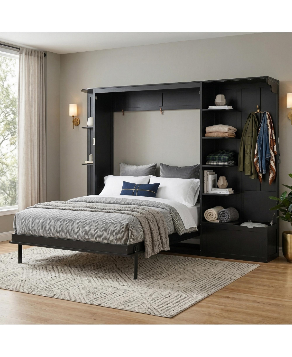 Clihome Queen Murphy Bed with Storage and Lights, Hidden Fold-Out Legs, Oak Veneer Finish, Built-in Shelves Cabinets