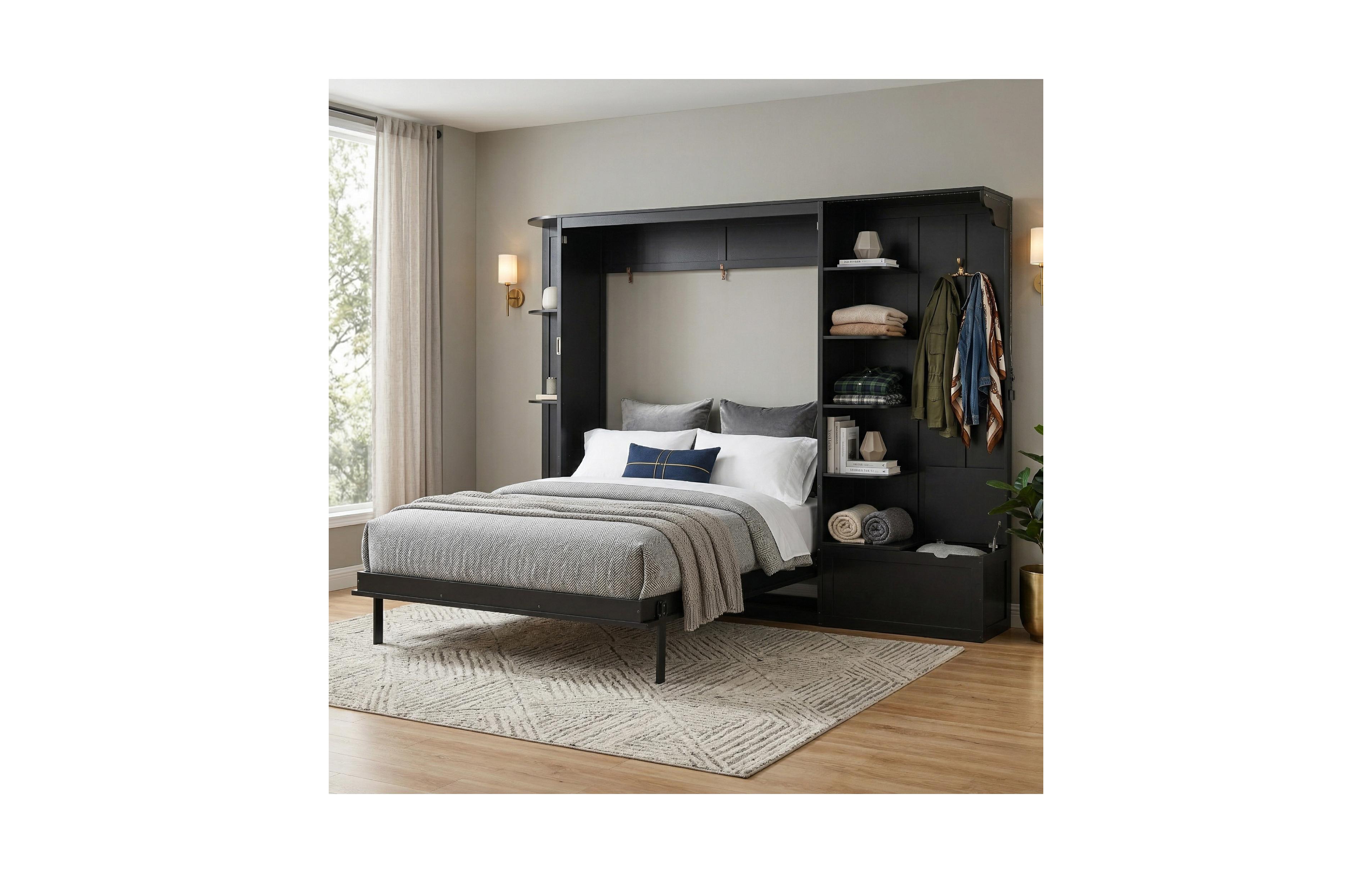Clihome Queen Murphy Bed with Storage and Lights, Hidden Fold-Out Legs, Oak Veneer Finish, Built-in Shelves Cabinets