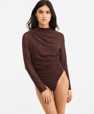 Women's Long-Sleeve Asymmetrical-Pleating Mock-Neck Bodysuit