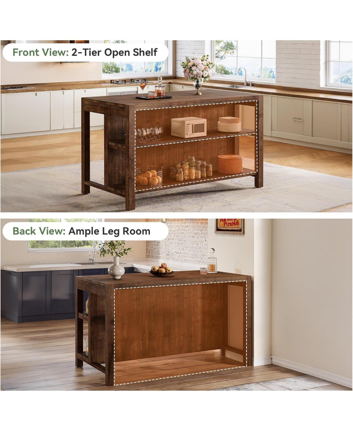 Tribesigns 59" Solid Wood Kitchen Island with Open Shelves