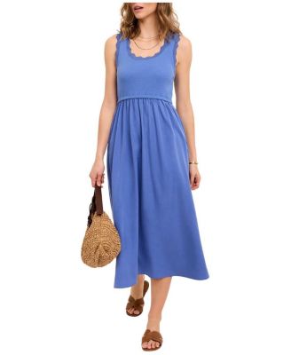 Women's Scallop Short Sleeve Trim Midi Dress