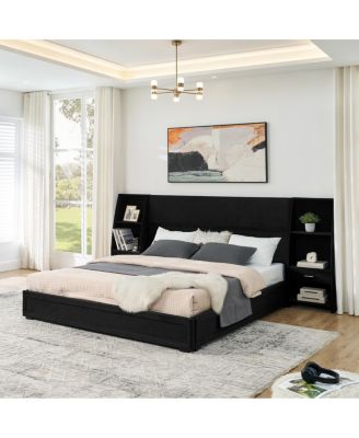 King Size Velvet Storage Platform Bed with Bookcases and Drawer