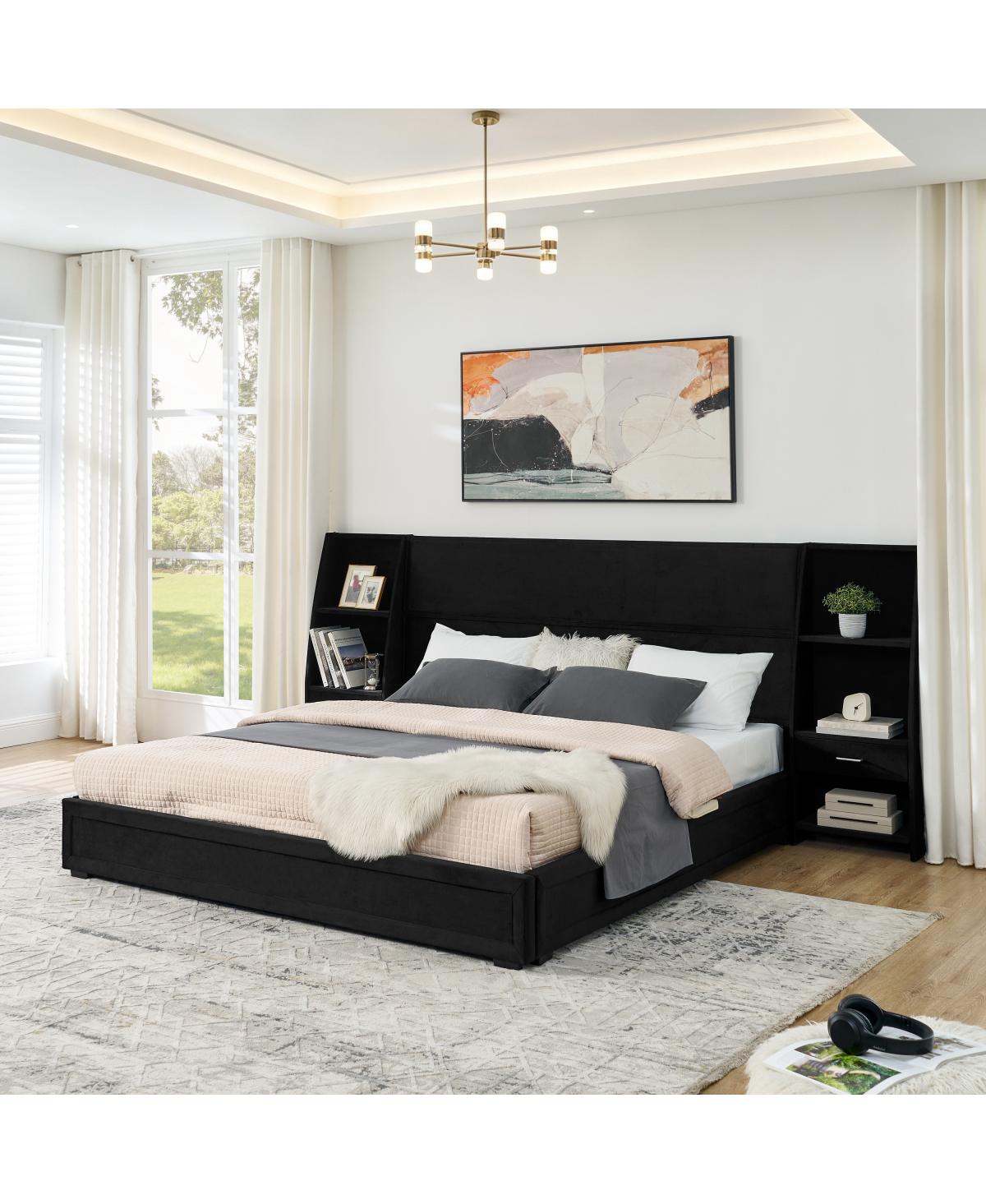 Streamdale Furniture King Size Velvet Storage Platform Bed with Bookcases and Drawer