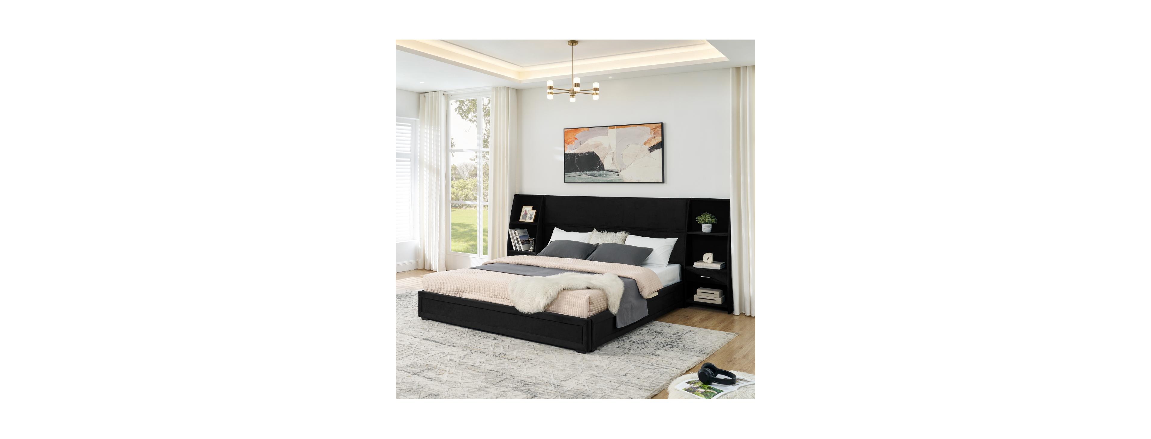 Streamdale Furniture King Size Velvet Storage Platform Bed with Bookcases and Drawer