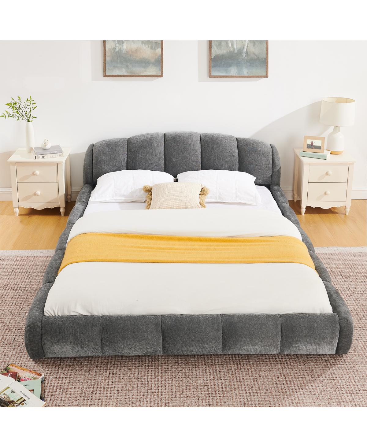 Streamdale Furniture Queen Chenille Upholstered Platform Bed Frame, Curved Headboard
