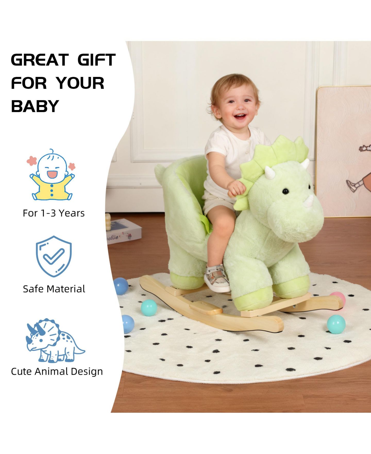 Детская мягкая игрушка SEVORLEY Plush Dinosaur Rocking Ride-On Toy, Ages 1-3, цвет: Зелёный — фото 7