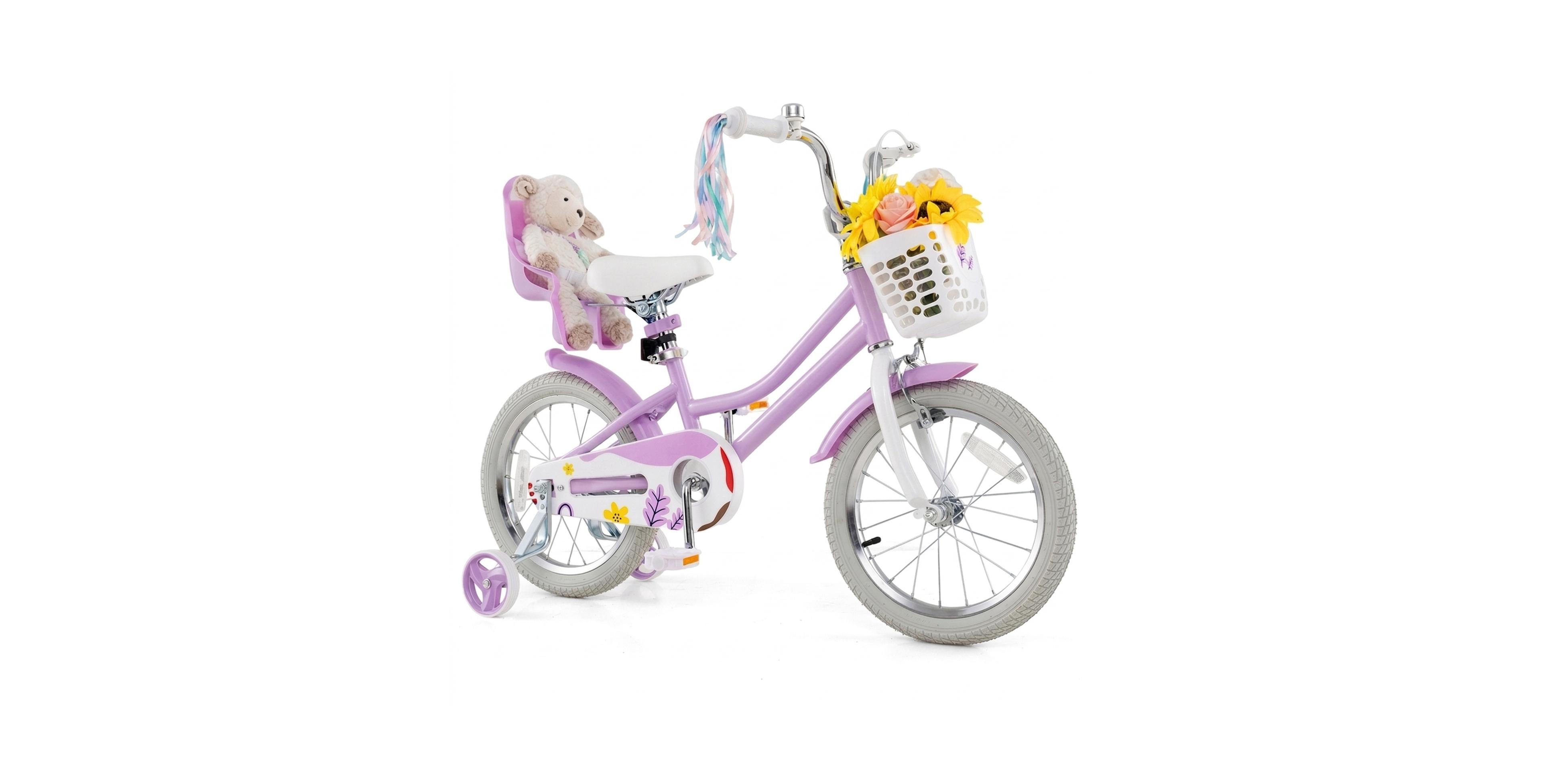 Hongge 16-Inch Girls Bike with Training Wheels, Dual Brake System and Doll Seat, Ages 4-7
