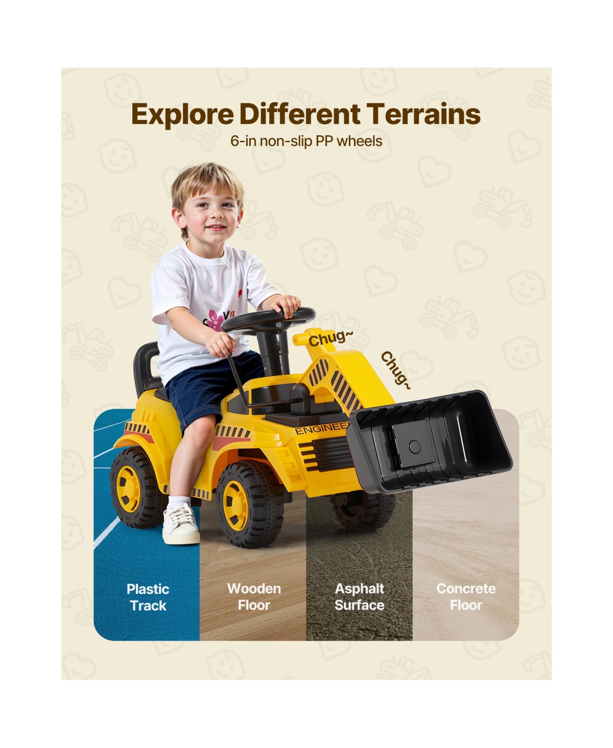 Sugift Foot to Floor Excavator Ride-On Push Car, 55 lb. Capacity, Ages 19 to 36 Months