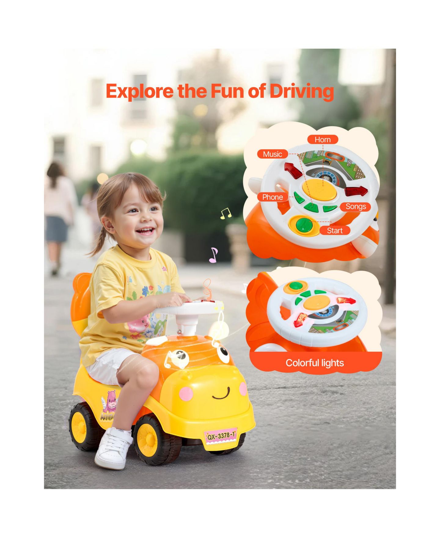 Детская игрушка SUGIFT Toddler Ride On Push Car with Horn Music and Under Seat Storage, 48.5 lb. Capacity, Ages 19-36 Months, цвет: Жёлтый — фото 6