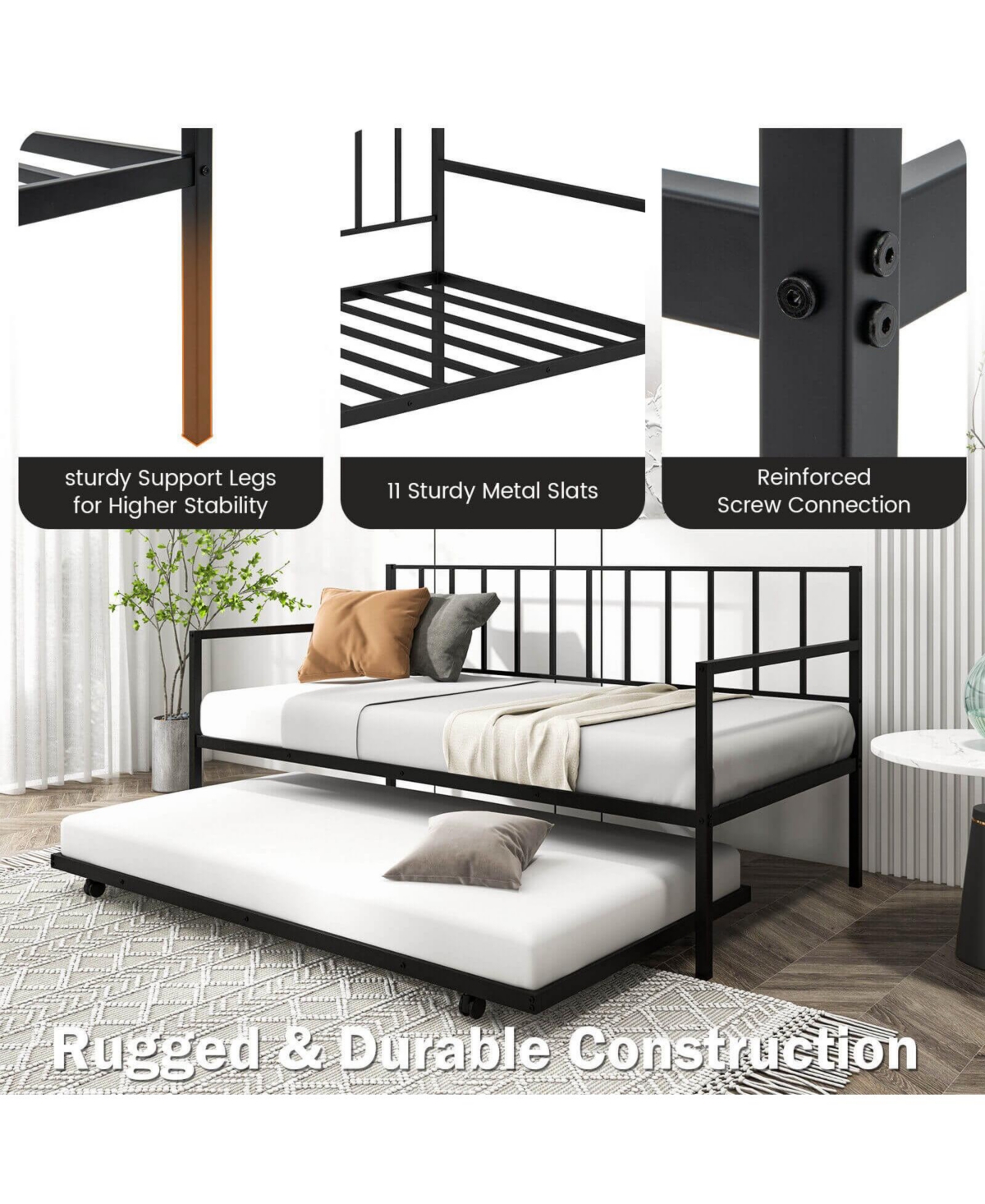 Mecale Twin Daybed with Roll-Out Trundle, Metal Sofa Bed Frame Set