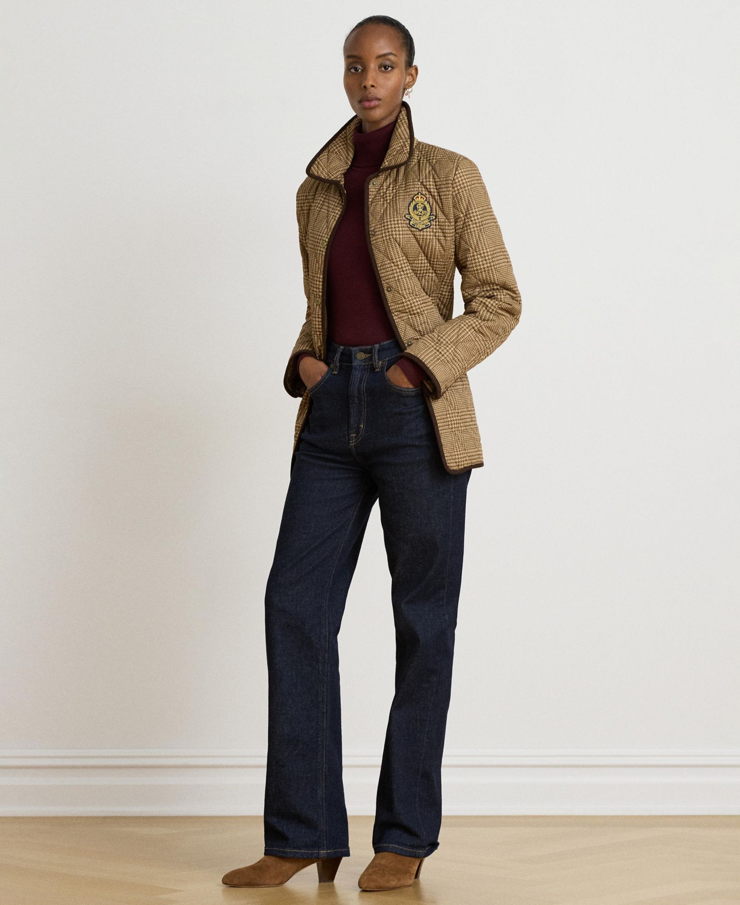 Women's Crested Quilt Diamond-Quilted Glen-Check Jacket