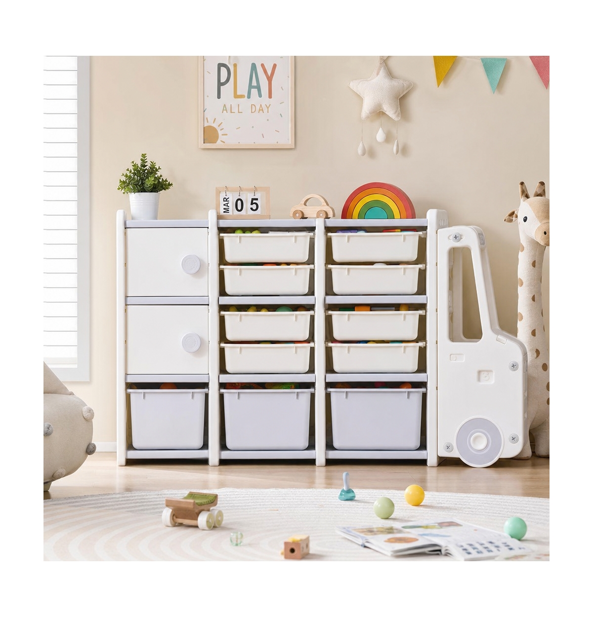Sugift Truck Shaped Kids Toy Storage Organizer with 11 Removable Bins and 2 Cabinets