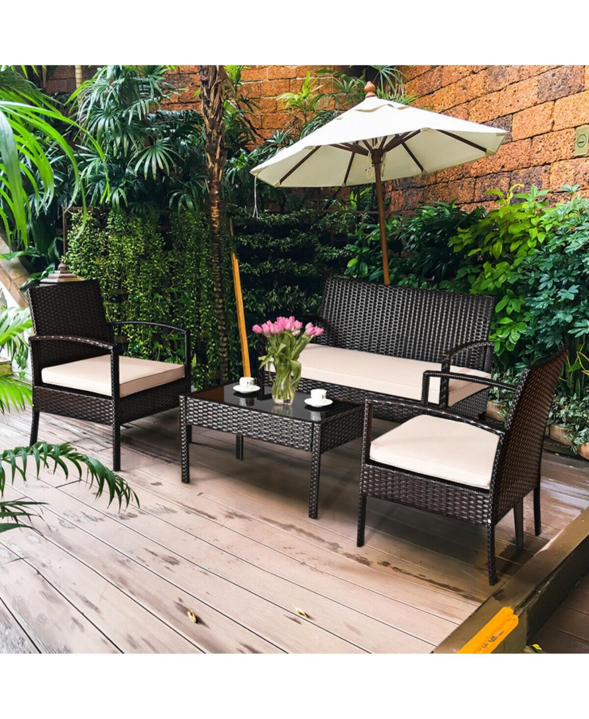 Sugift 4-Piece Patio Rattan Conversation Set with Loveseat 2 Chairs and Coffee Table
