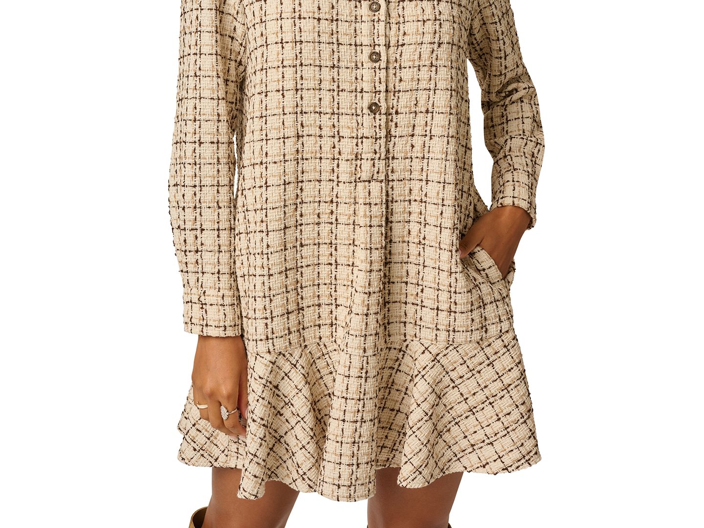 Женское платье Adrianna Papell Hailey Tweed Long-Sleeve Ruffled-Hem Shirt Dress, цвет: Parchment — фото 4