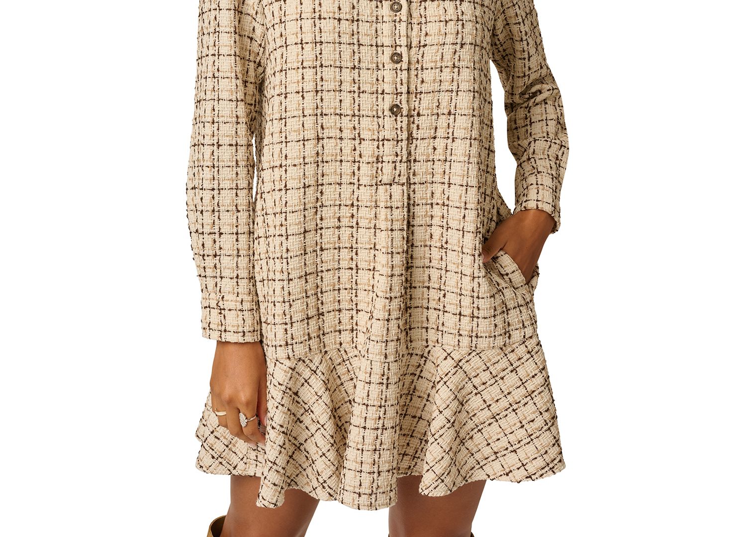 Women's Hailey Tweed Long-Sleeve Ruffled-Hem Shirt Dress