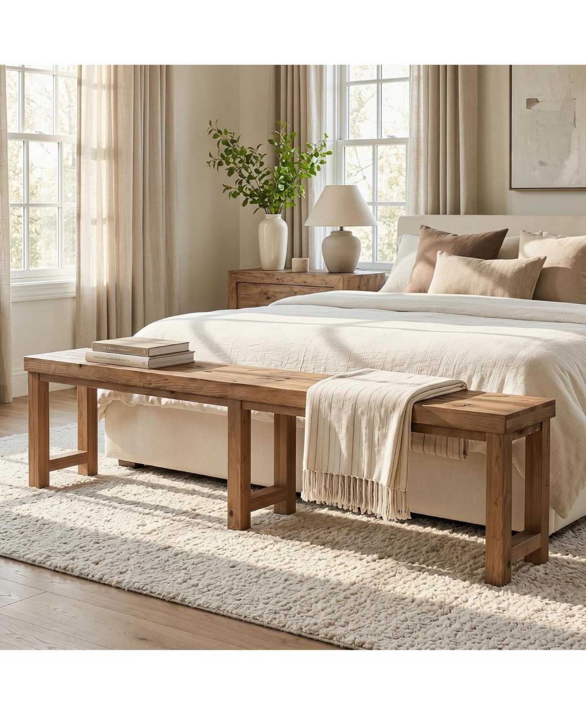 Tribesigns 70.9 Inch Entryway Bench, Solid Wood Bench, Farmhouse - Brown