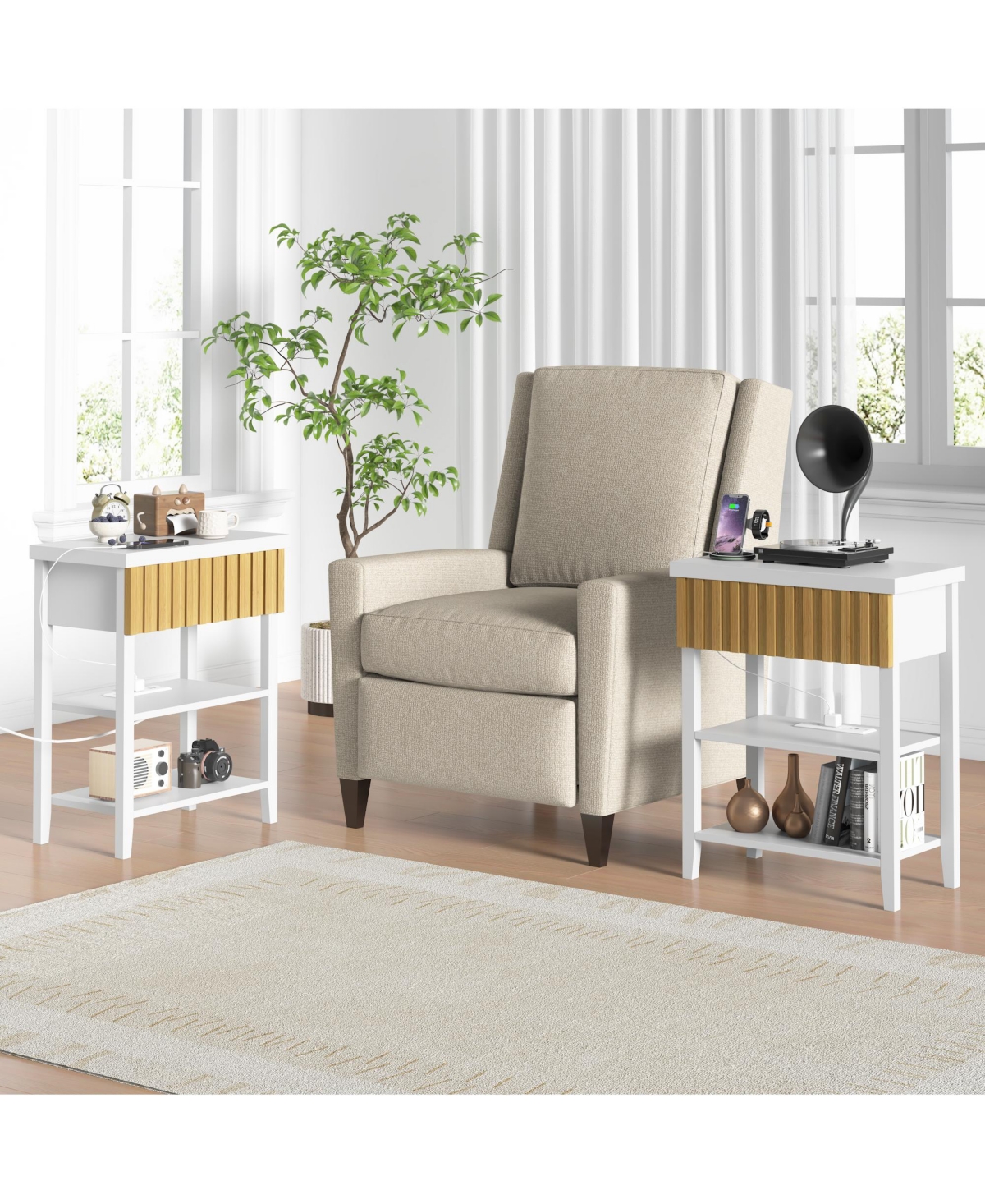 Flynama Set of 2 Fluted Nightstands with Charging Station, Farmhouse Side Table with Drawer and Open Shelves