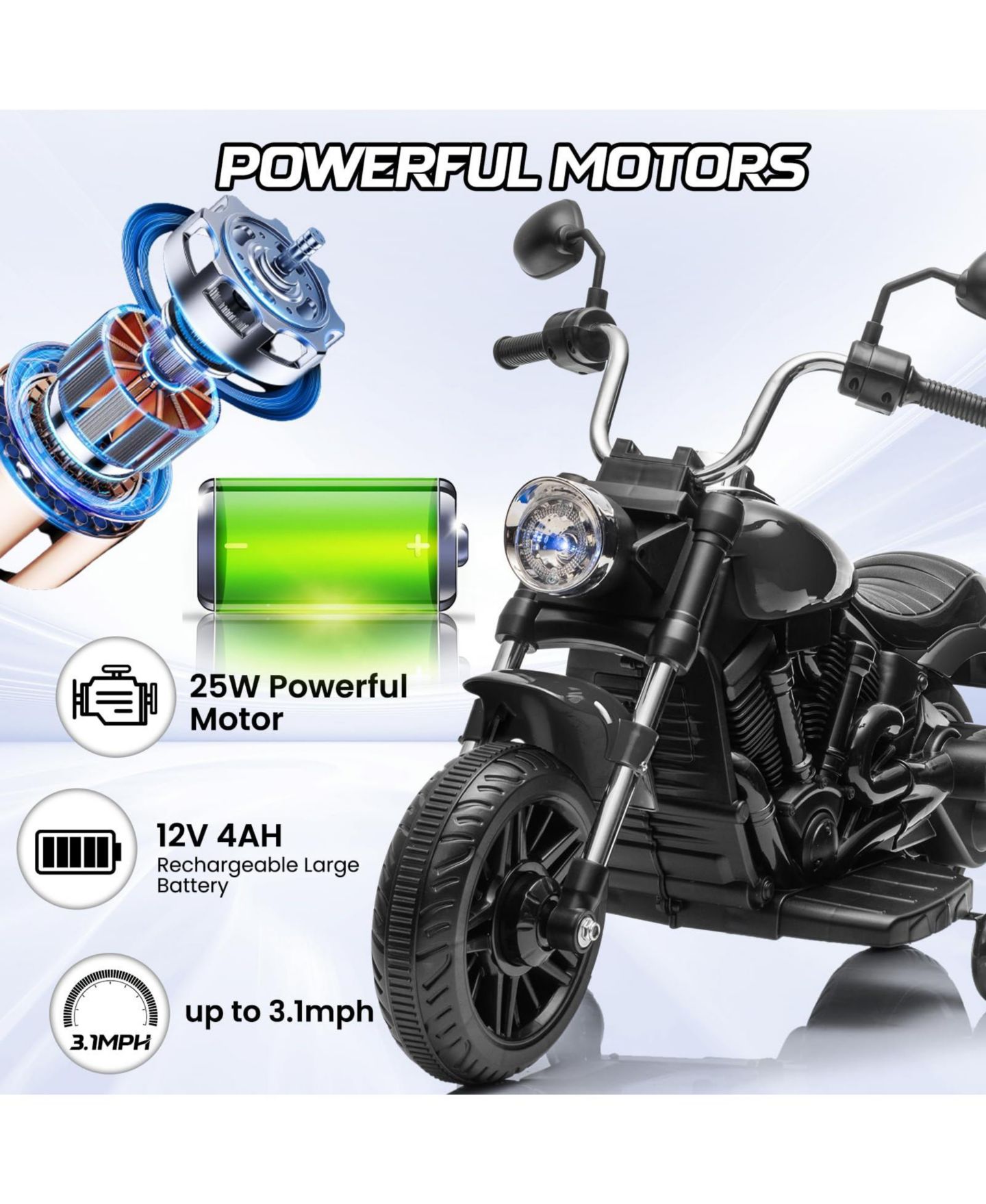 Детская игрушка homfan 12V Electric Motorcycle with Removable Training Wheels Ride-On Toy, 66 lbs Capacity, Ages 3-5, цвет: Чёрный — фото 7