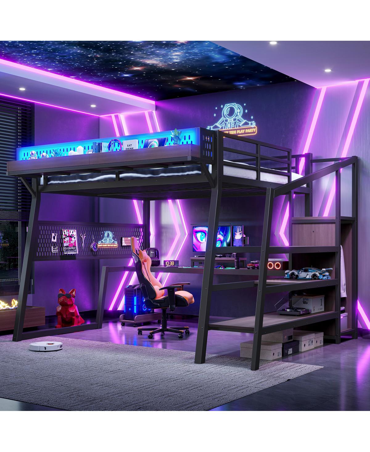 Streamdale Furniture Queen Loft Bed with Storage Stairs, Wardrobe, Led Lights and Usb