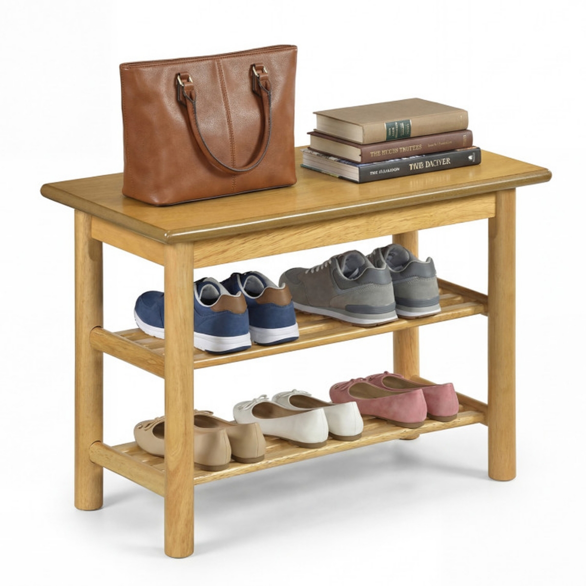 Sugift 3-Tier Rubberwood Shoe Rack Bench with Slatted Shelves and 485 Pound Seat