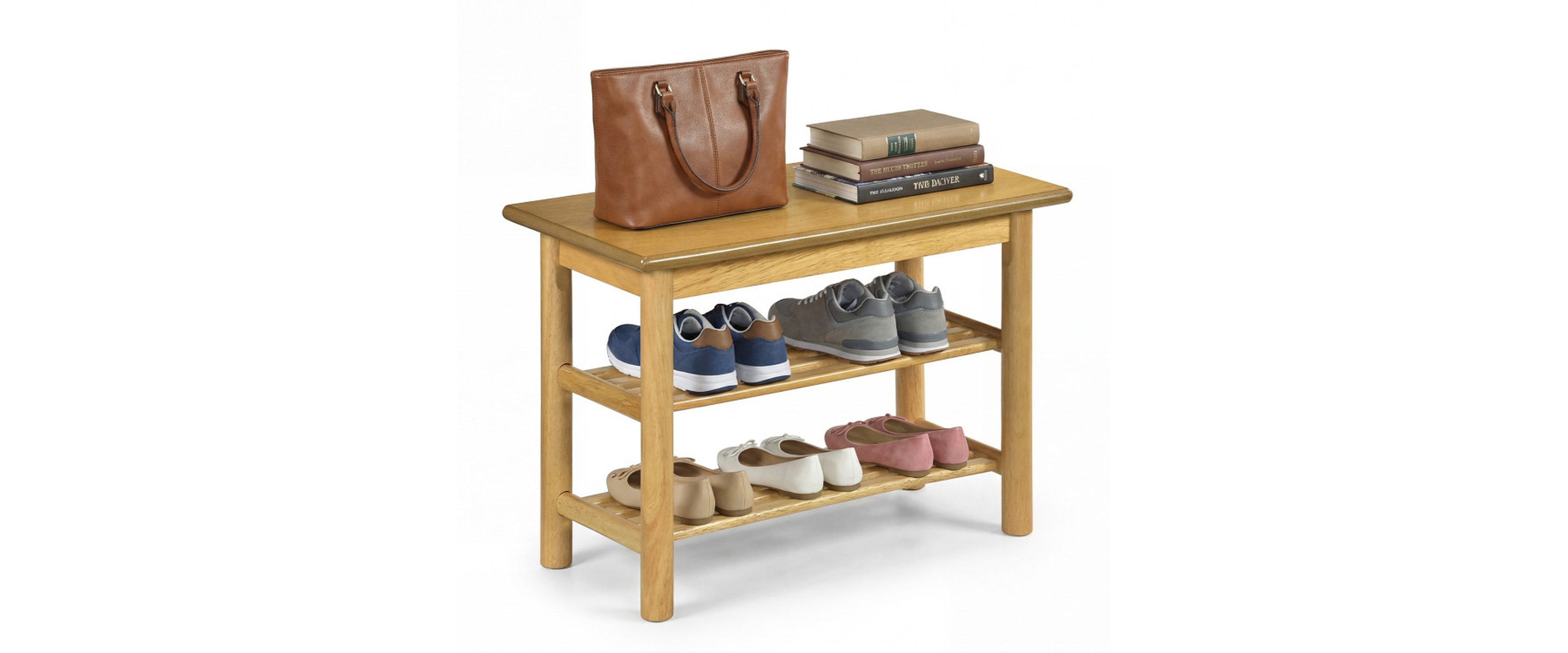 Sugift 3-Tier Rubberwood Shoe Rack Bench with Slatted Shelves and 485 Pound Seat