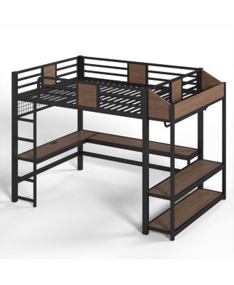  Queen Loft Bed with L-Shaped Desk, Shelves, Lights, and USB Ports