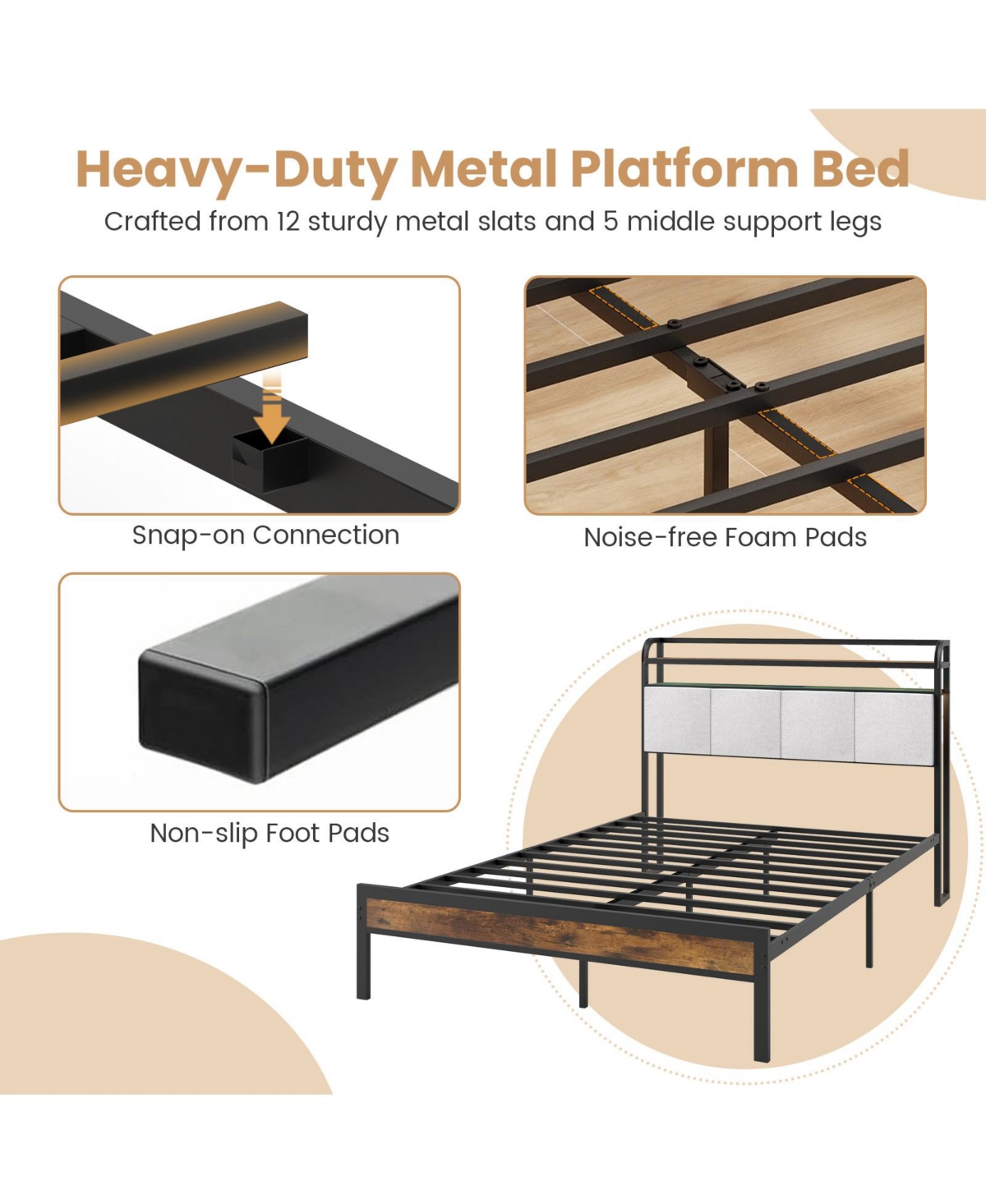 Slickblue Modern Bed Frame with Led Lighting and Charging Station