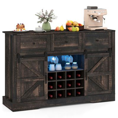 52 Inch Wine Bar Cabinet with LED Lights Sliding Barn Doors and Glass Racks