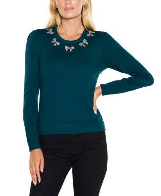  Women's Puff Sleeve Embellished Neckline Sweater