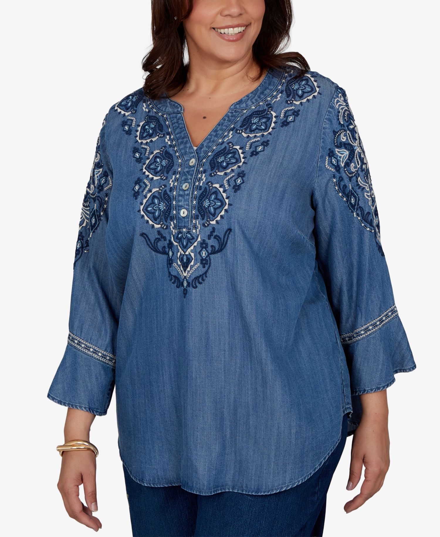 Plus Size Embroidered Henley Denim Blouse
