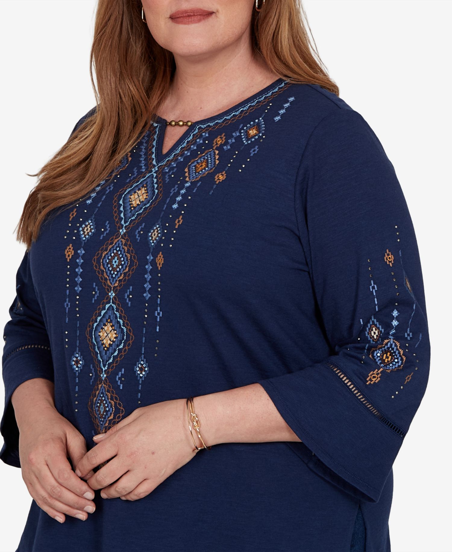 Plus Size Keyhole Neck 3/4-Length Bell-Sleeve Top