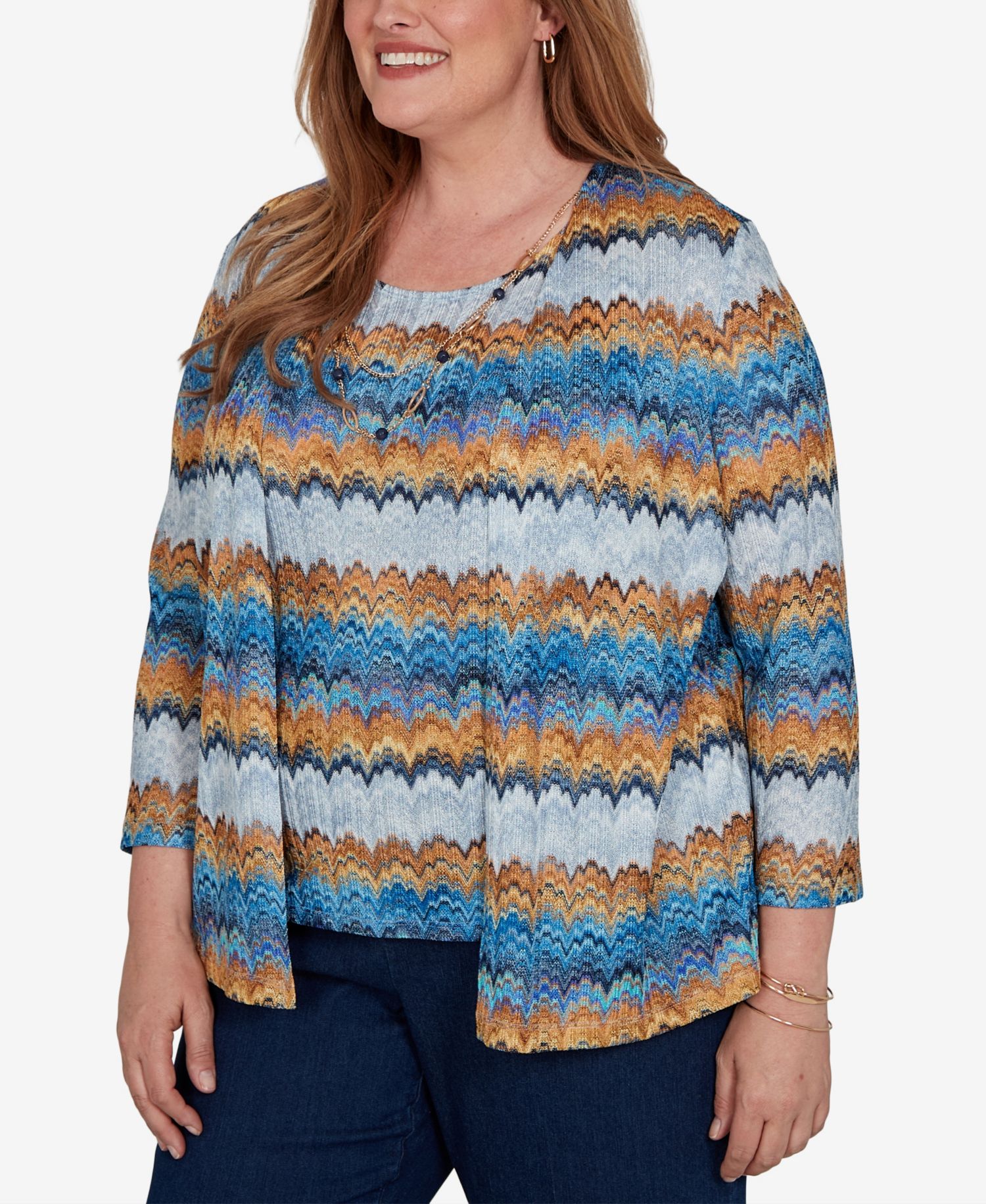 Plus Size 3/4-Length Sleeve Scoop Neck Two-Piece Look Knit Top
