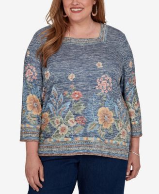 Plus Size Floral 3/4-Sleeve Square-Neck Top
