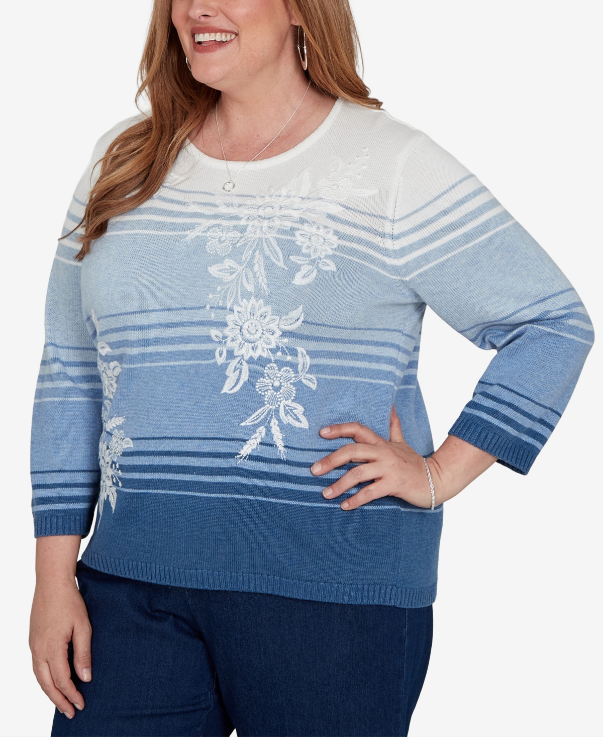 Alfred Dunner Plus Floral Embroidery 3/4-Length Crewneck Pullover Sweater