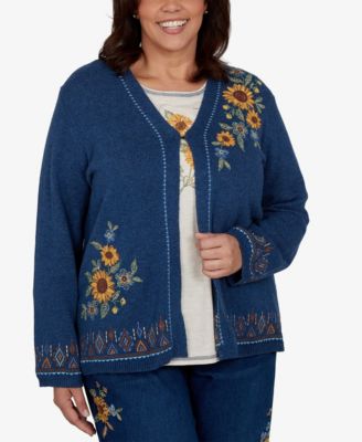 Plus Size V-Neck Long-Sleeve Floral-Embroidered Cotton-Blend Cardigan Sweater