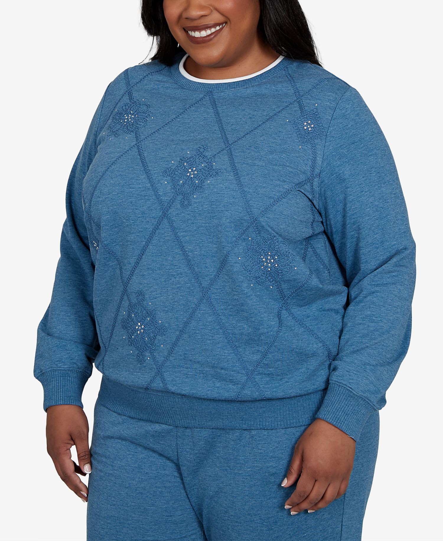 Plus Size Crewneck Long-Sleeve Argyle With Rhinestone Embellishments Top