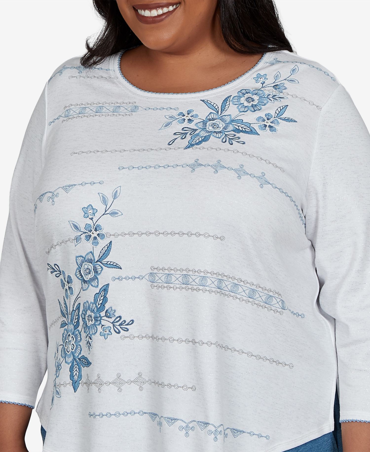 Plus Size Floral-Print 3/4-Sleeve Cotton-Blend T-Shirt