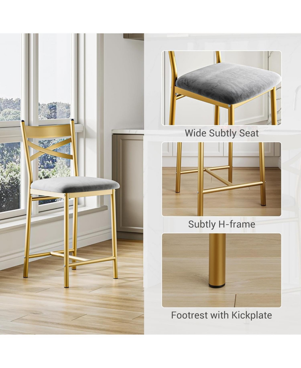 gaomon Set of 4 25.5" Upholstered Counter Height Bar Stools with Back and Metal Legs