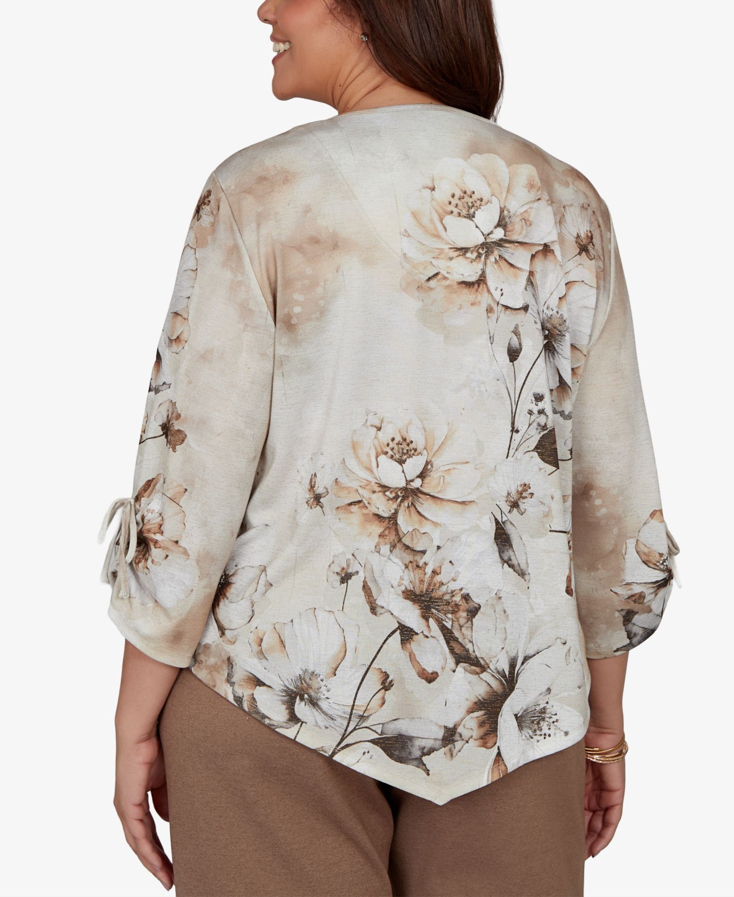 Plus Size Floral-Print V-Neck 3/4-Sleeve Blouse
