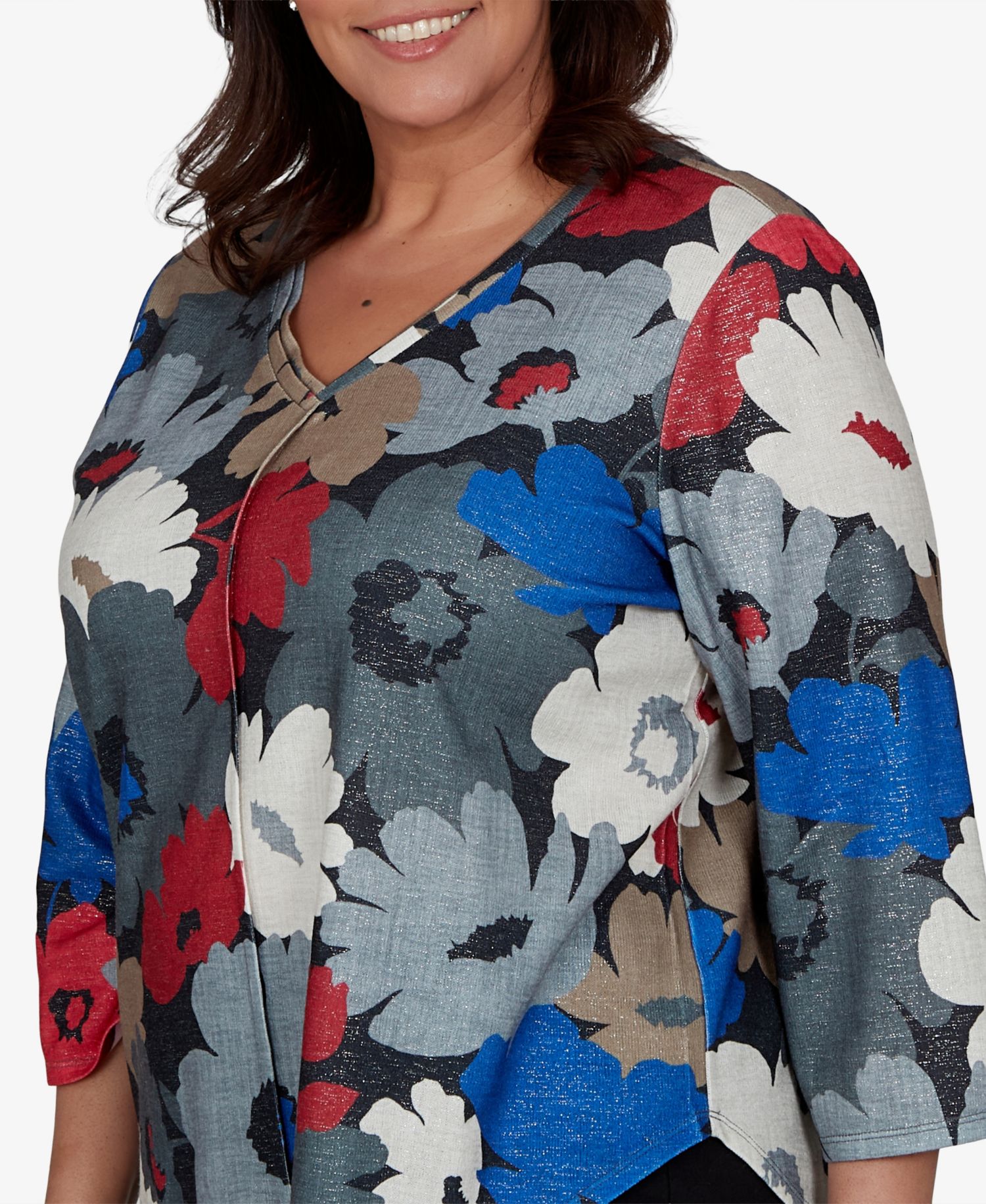Plus Size Floral V-Neck 3/4-Sleeve Blouse